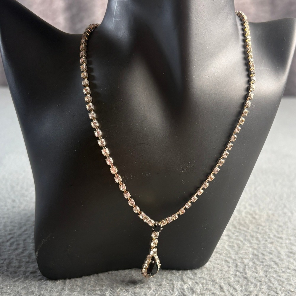 Vintage Gold Tone Rhinestone Tennis Necklace Black Teardrop Pendant 15.5 Inch